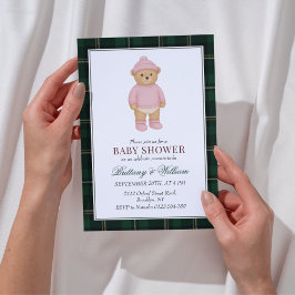 Pink Preppy Bear Designer Plaid Baby Shower 招待状