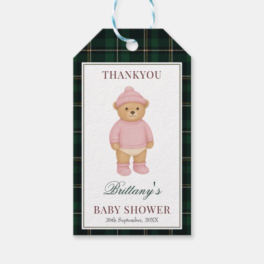 Pink Preppy Bear Plaid Baby Shower ギフトタグ (正面)