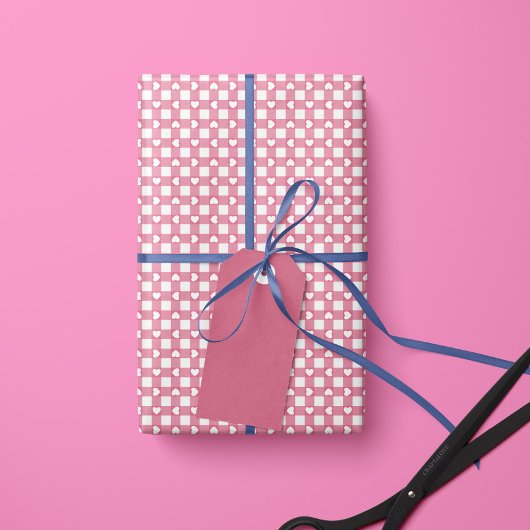 Pink Preppy Gingham Hearts- Wrapping Paper Roll ラッピングペーパー