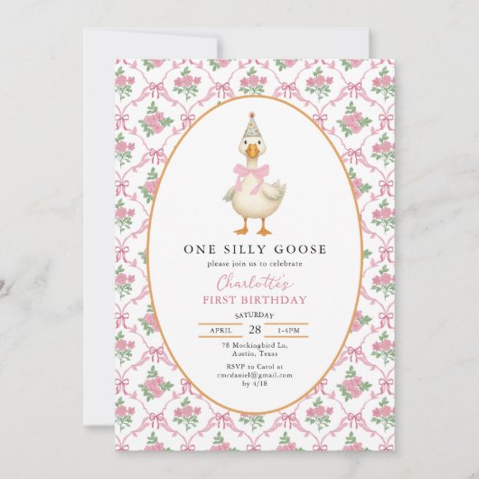 Pink Preppy One Silly Goose Bow 1st Birthday 招待状 (正面)