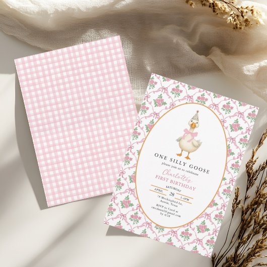 Pink Preppy One Silly Goose Bow 1st Birthday 招待状