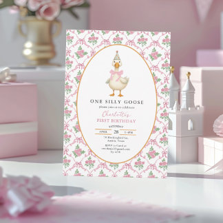 Pink Preppy One Silly Goose Bow 1st Birthday 招待状