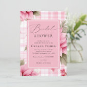 Pink Preppy Plaid Christmas Floral Bridal Shower 招待状 (スタンド正面)