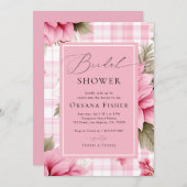 Pink Preppy Plaid Christmas Floral Bridal Shower 招待状 (正面/裏面)