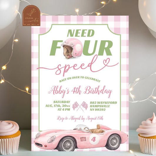 Pink Preppy Retro Need Four Speed Birthday Invitat 招待状