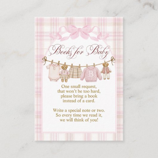 Pink Preppy Teddy Bear Girl Baby Shower books エンクロージャーカード (正面)