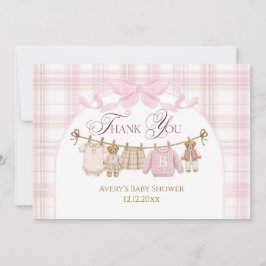 Pink Preppy Teddy Bear Girl Baby Shower Plaid Bow サンキューカード