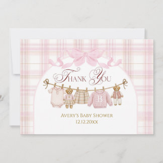 Pink Preppy Teddy Bear Girl Baby Shower Plaid Bow サンキューカード