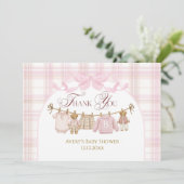 Pink Preppy Teddy Bear Girl Baby Shower Plaid Bow サンキューカード (スタンド正面)