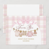 Pink Preppy Teddy Bear Girl Baby Shower Plaid Bow サンキューカード (正面/裏面)