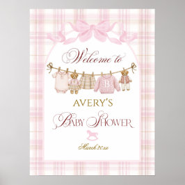 Pink Preppy Teddy Bear Girl Baby Shower Plaid Bow ポスター