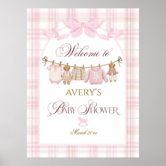 Pink Preppy Teddy Bear Girl Baby Shower Plaid Bow ポスター (正面)