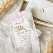 Pink Preppy Teddy Bear Girl Baby Shower Plaid Bow 招待状