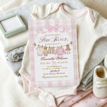 Pink Preppy Teddy Bear Girl Baby Shower Plaid Bow