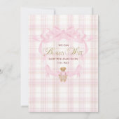 Pink Preppy Teddy Bear Girl Baby Shower Plaid Bow 招待状 (裏面)