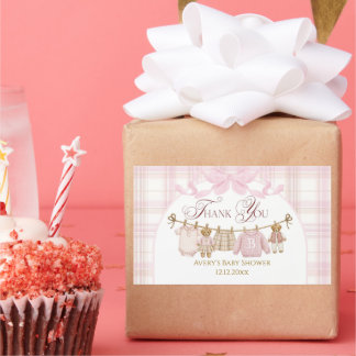Pink Preppy Teddy Bear Girl Baby Shower Plaid Bow 長方形シール