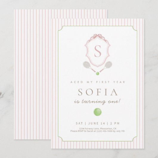 Pink Preppy Tennis Crest 1st Birthday invite 招待状 (正面/裏面)