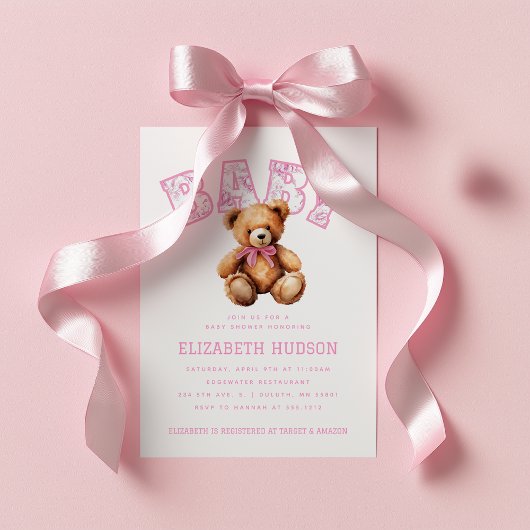 Pink Preppy Varsity Teddy Bear Baby Shower 招待状