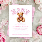 Pink Preppy Varsity Teddy Bear Baby Shower 招待状