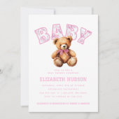 Pink Preppy Varsity Teddy Bear Baby Shower 招待状 (正面)