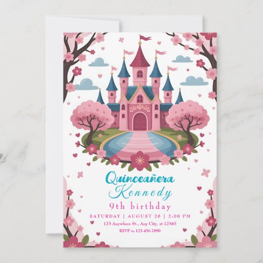 Pink Princess Castle Birthday for Girls 招待状 (正面)