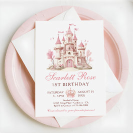 Pink Princess Castle Floral 1st Birthday Party 招待状