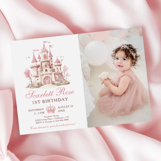 Pink Princess Castle Floral 1st Birthday Photo 招待状