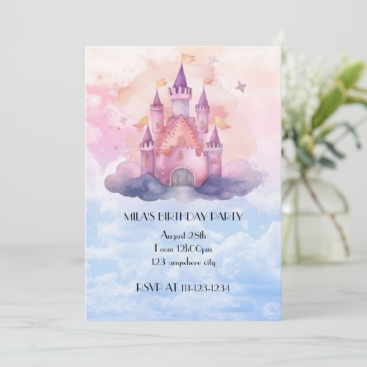 Pink princess castle girl birthday invitation 招待状 (スタンド正面)