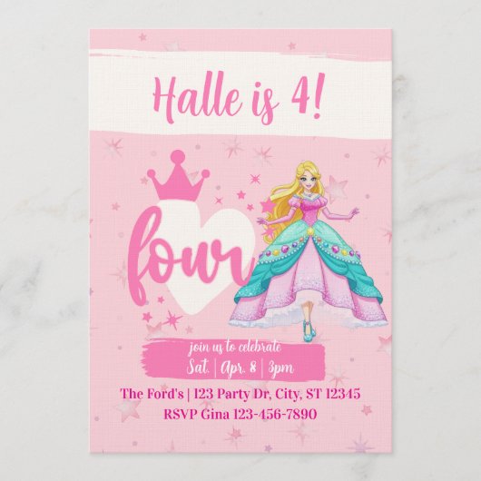 Pink Princess Doll, 4th Birthday 招待状 (正面)