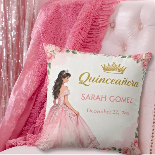 Pink Princess Dress Gold Tiara Quinceañera クッション