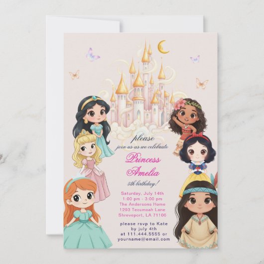 Pink Princess Fairytale Magical Castle Birthday  招待状 (正面)