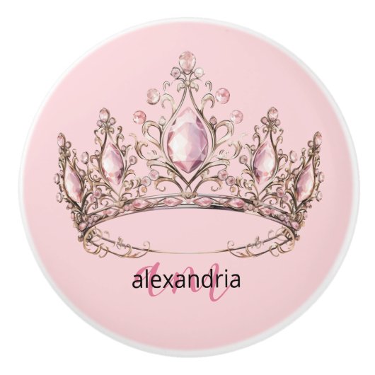 Pink Princess Monogram Tiara Girly Ceramic Knob セラミックノブ (正面)