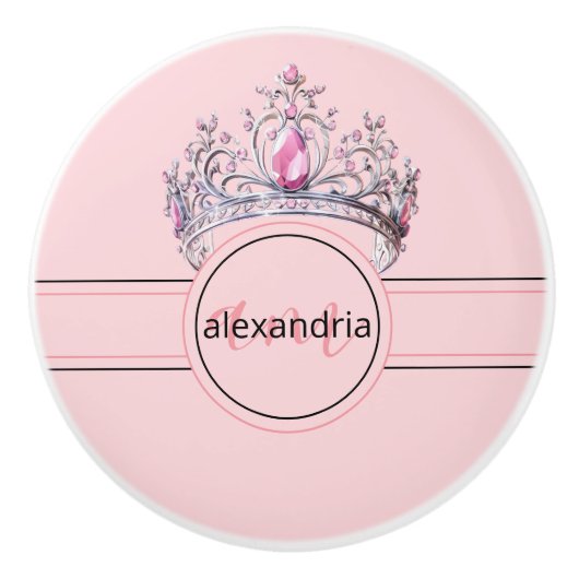 Pink Princess Monogram Tiara Girly Ceramic Knob セラミックノブ (正面)