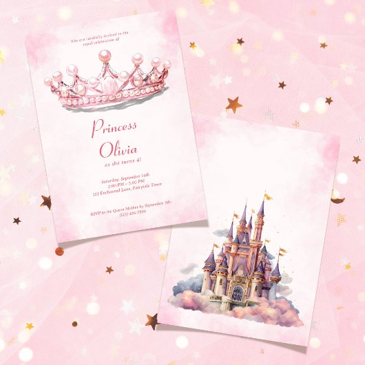 Pink Princess Tiara Fairytale Birthday Party 招待状