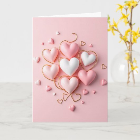 Pink Puffy Hearts Valentine For Her Card カード (黄色い花)