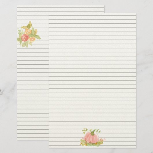 Pink Pumpkin Autumn Roses Fall Lined 便箋 (正面/裏面)