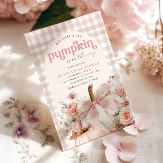 Pink Pumpkin Floral Bow Baby Shower 招待状