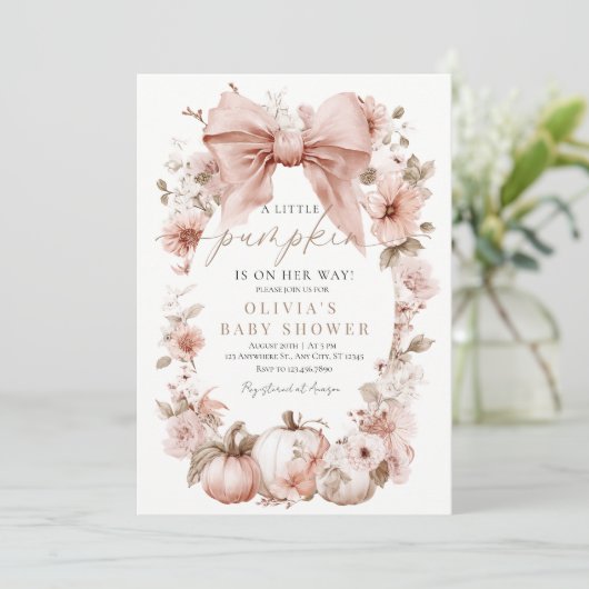 Pink Pumpkin Floral Bow Baby Shower 招待状 (スタンド正面)