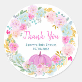 Pink Pumpkin Floral Wreath Baby Shower Thank You ラウンドシール