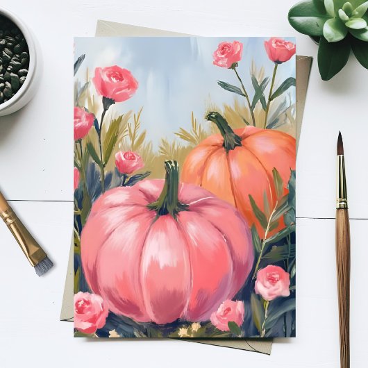 Pink Pumpkin Patch Rose Floral Watercolor Fall シーズンポストカード