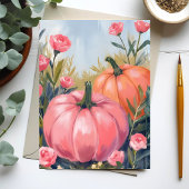 Pink Pumpkin Patch Rose Floral Watercolor Fall シーズンポストカード