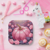 Pink Pumpkin Rose Floral Halloween Thanksgiving ペーパープレート (パーティー)