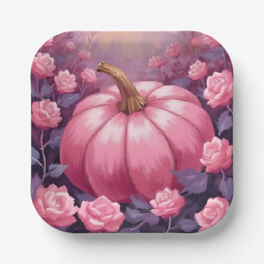Pink Pumpkin Rose Floral Halloween Thanksgiving ペーパープレート (正面)