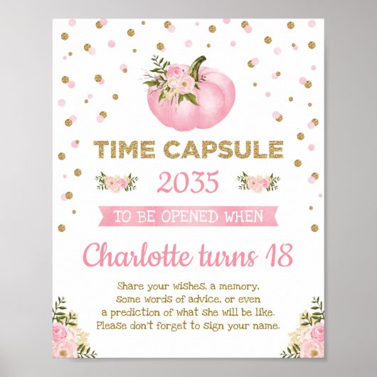 Pink Pumpkin Time Capsule Floral First Birthday ポスター (正面)