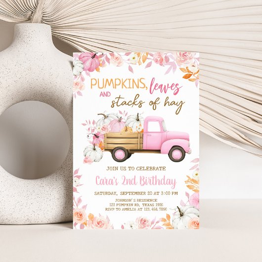 Pink Pumpkin Truck Fall Birthday  招待状