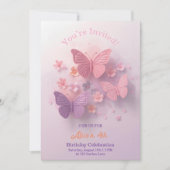 Pink Purple 3D Butterfly Girl Birthday 招待状 (正面)