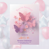 Pink Purple 3D Butterfly Girl Birthday 招待状