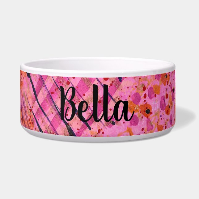 Pink Purple Abstract Painting Ceramic Pet Bowl ボウル (正面)