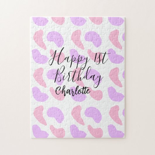 Pink purple abstracts shapes happy 1st birthday na ジグソーパズル (縦)