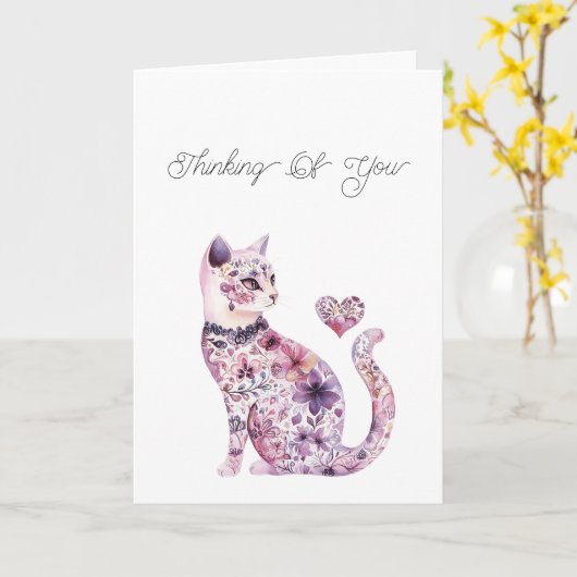 Pink Purple Blush Floral Heart Cat Thinking of you カード (黄色い花)